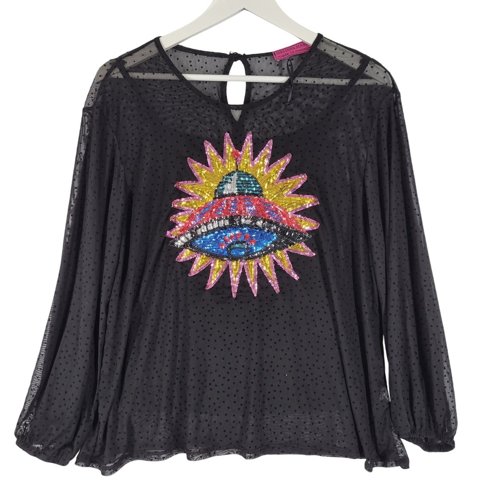 Melissa Masse Black Sheer Polka Dot Sequin Space Blouse Top  Large